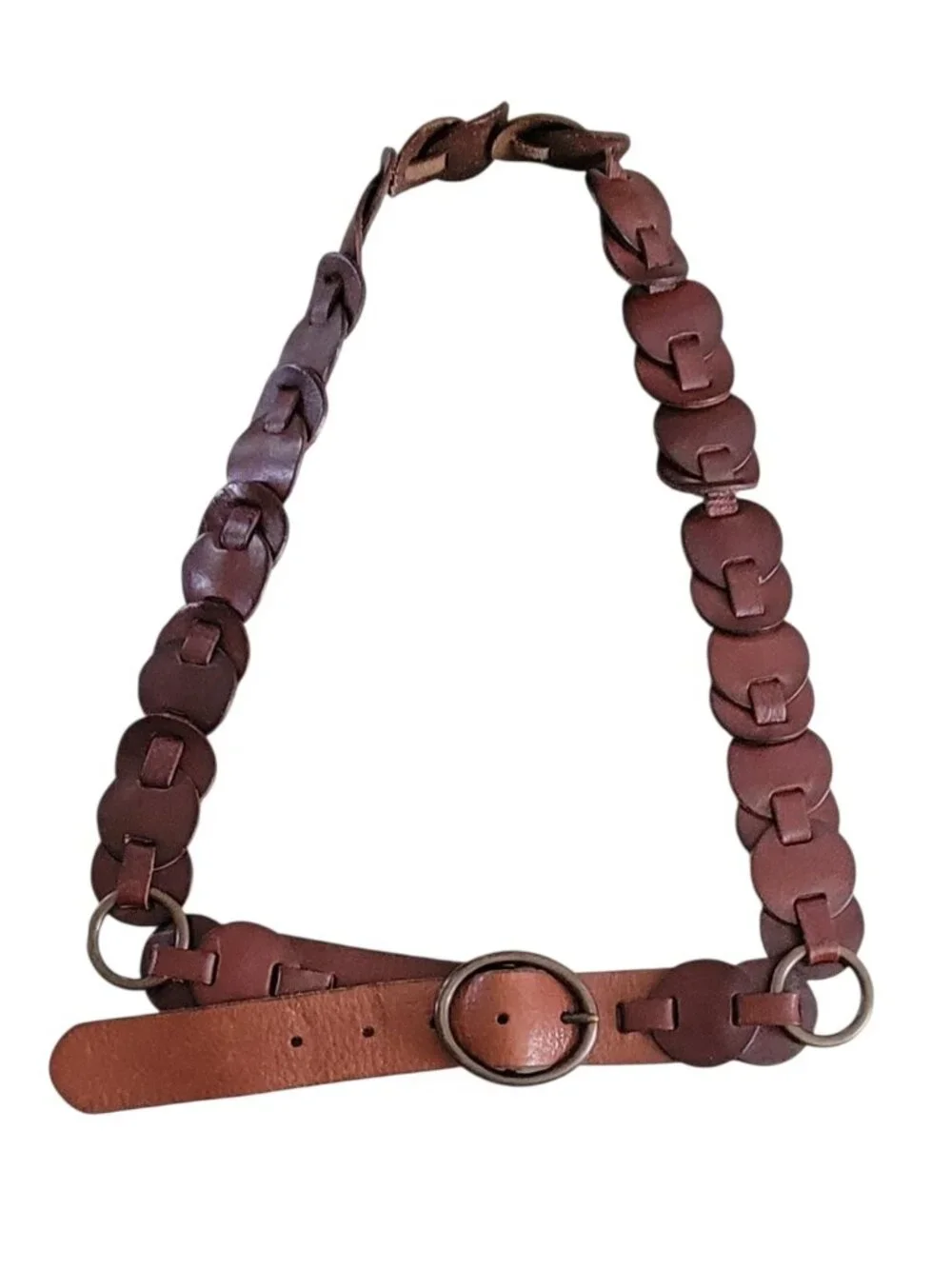 Vintage Fossil Genuine Leather Linked Disc Belt Brown 90s Y2K Boho Western